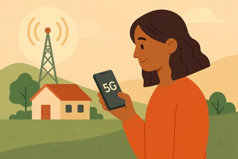 Mujer en zona rural mira su móvil con cobertura 5G emitida por una antena cercana