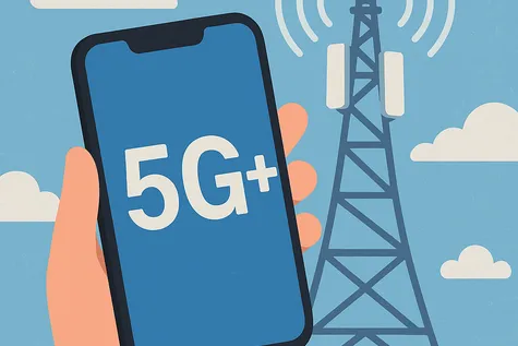Ilustración de un smartphone conectado a una red 5G pura, con una antena moderna, representando representando el 5G Independiente o Standalone.