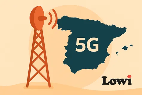 Cobertura 5G de Lowi en España representada con mapa y torre naranja en estilo flat design