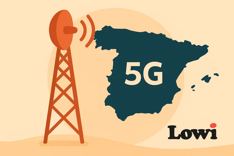 Cobertura 5G de Lowi en España representada con mapa y torre naranja en estilo flat design