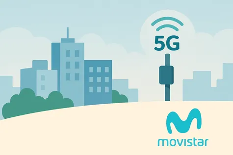 Red 5G de Movistar ilustrada con torre en ciudad y tonos azules planos en diseño vectorial moderno