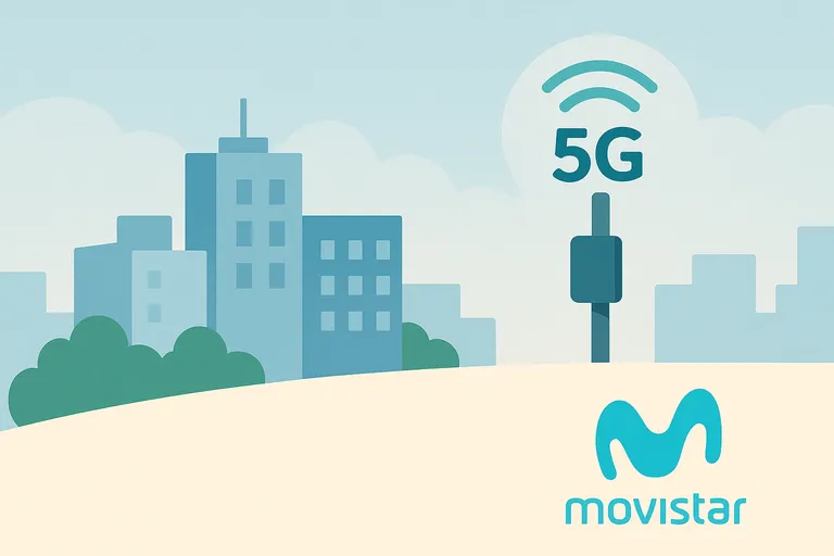 Red 5G de Movistar ilustrada con torre en ciudad y tonos azules planos en diseño vectorial moderno