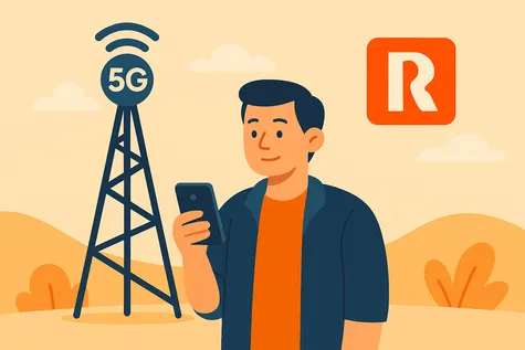 Joven consultando el móvil junto a una torre 5G en un paisaje cálido, con el logo cuadrado rojo de Mundo R arriba.
