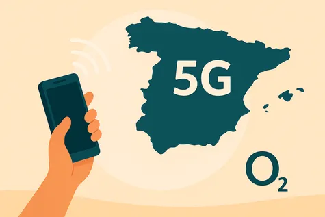 Mapa de España con señal móvil 5G de O2 y mano sosteniendo smartphone en fondo neutro