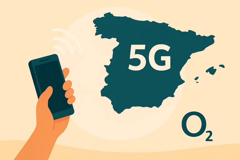Mapa de España con señal móvil 5G de O2 y mano sosteniendo smartphone en fondo neutro