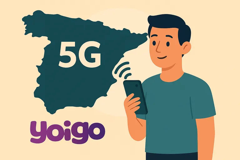 Hombre conectado a la red 5G de Yoigo con móvil y mapa de España en fondo plano y moderno