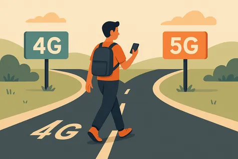 Joven con mochila camina hacia una bifurcación que indica redes 4G y 5G en el camino