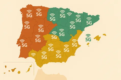 Mapa de España con colores por región mostrando cobertura 5G disponible