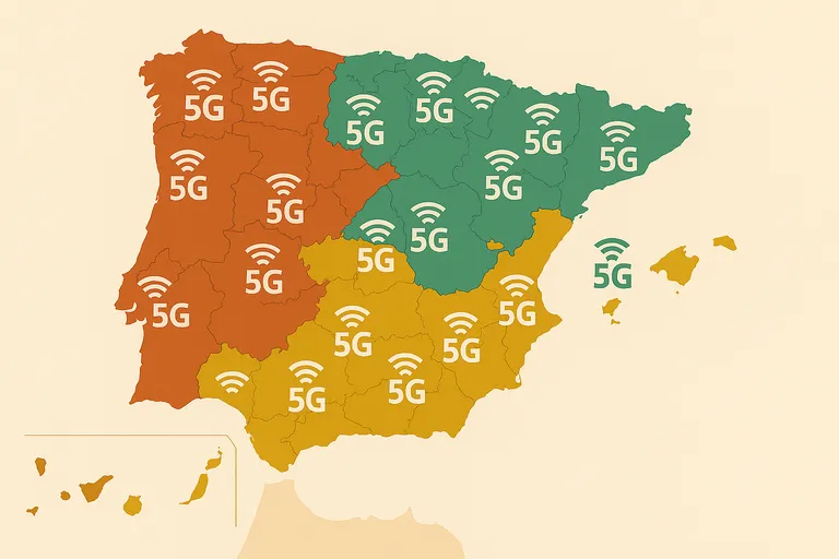 Mapa de España con colores por región mostrando cobertura 5G disponible