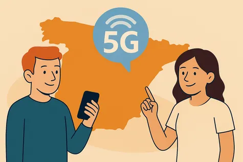 Hombre y mujer analizan cobertura 5G en España sobre un mapa con un icono de señal emergente