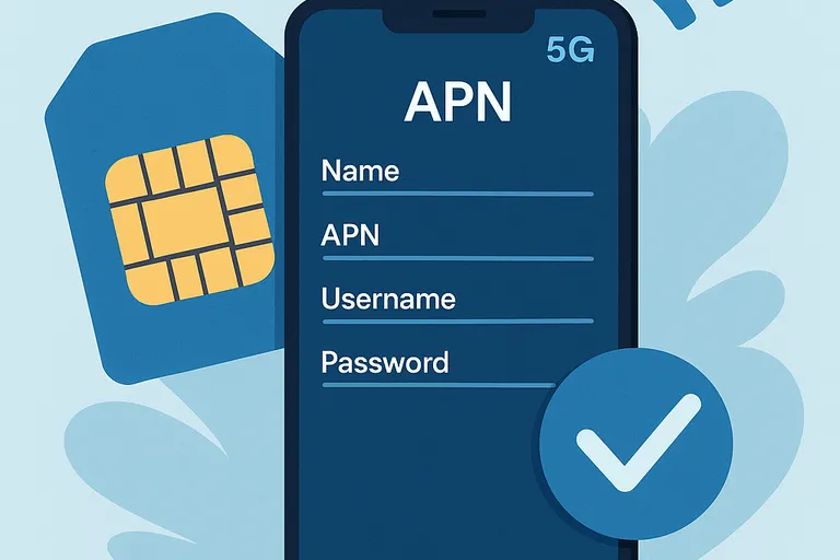 Ilustración de un smartphone mostrando la pantalla de configuración APN junto a una tarjeta SIM, un icono 5G y un check de confirmación.