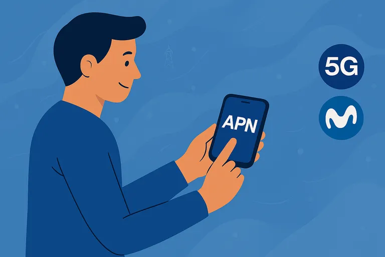 Usuario configurando APN 5G en un móvil con red Movistar