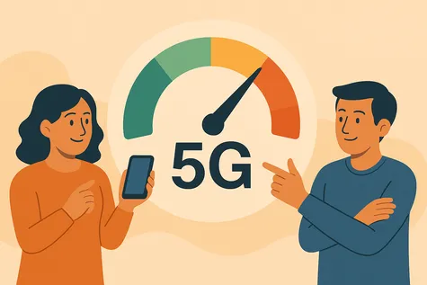 Dos personas comparan velocidades de conexión móvil bajo un velocímetro 5G
