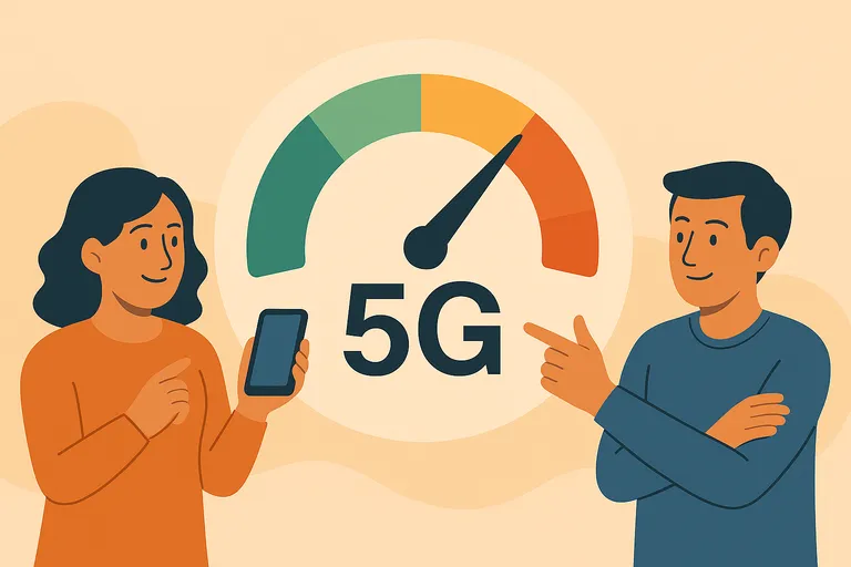 Dos personas comparan velocidades de conexión móvil bajo un velocímetro 5G