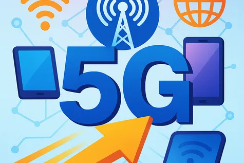 Ilustración colorida con el texto 5G en el centro, rodeado de dispositivos conectados y varios icones, representando la velocidad y conectividad del 5G.
