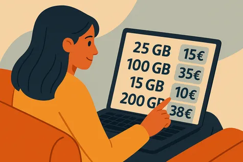Mujer revisa tarifas móviles 5G en su portátil con diferentes gigas y precios