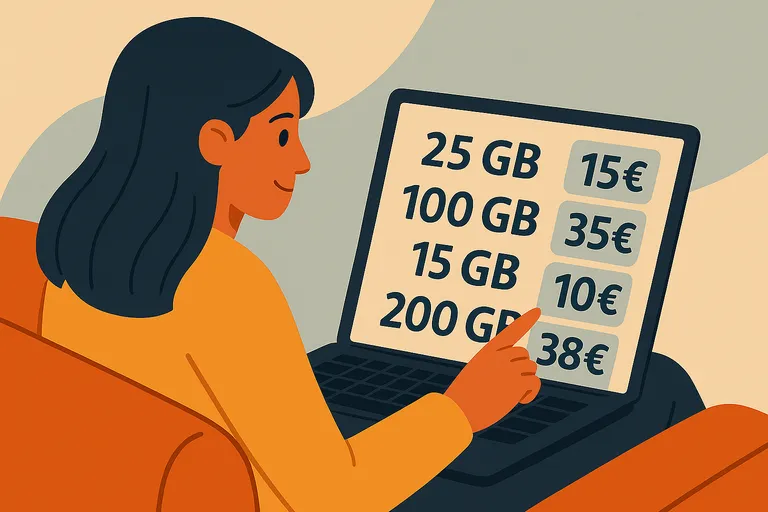 Mujer revisa tarifas móviles 5G en su portátil con diferentes gigas y precios