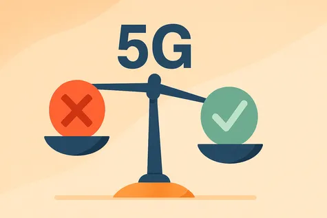 Balanza compara beneficios y desventajas del 5G con símbolos de aprobación y rechazo
