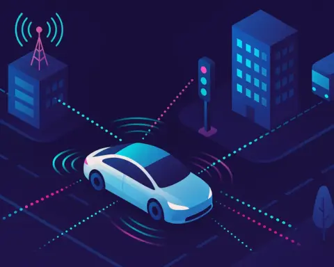 Vista desde el interior de un coche conectado, donde una interfaz holográfica 5G en el parabrisas muestra datos de navegación y seguridad en tiempo real.