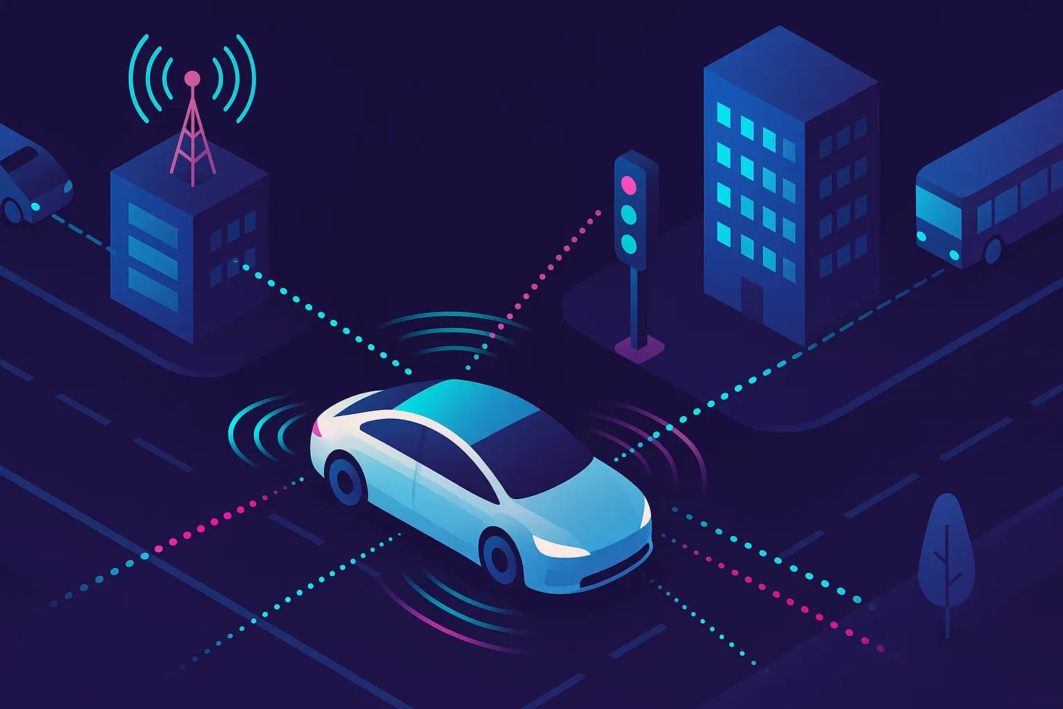 Vista desde el interior de un coche conectado, donde una interfaz holográfica 5G en el parabrisas muestra datos de navegación y seguridad en tiempo real.