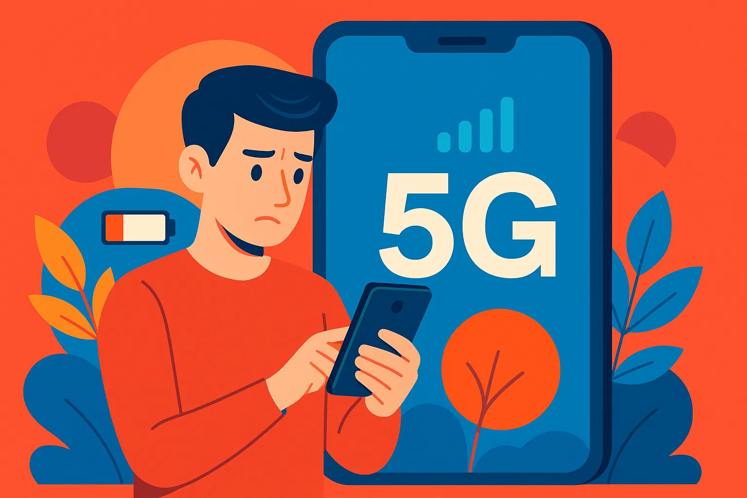 Ilustración de un usuario mirando su móvil con dudas sobre el consumo de datos y batería con 5G, acompañado de iconos de señal y batería baja.