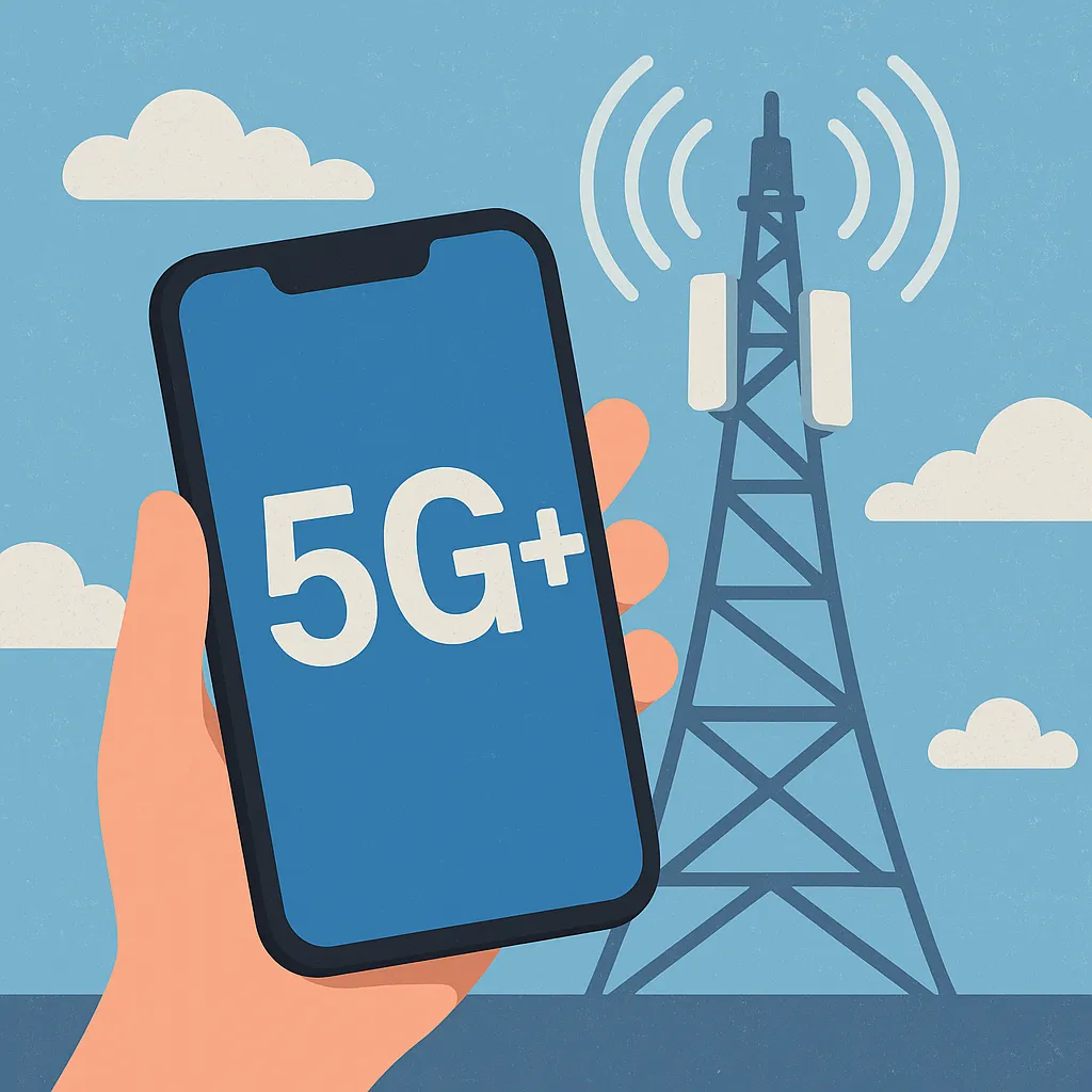 Ilustración de un smartphone conectado a una red 5G pura, con una antena moderna, representando representando el 5G Independiente o Standalone.