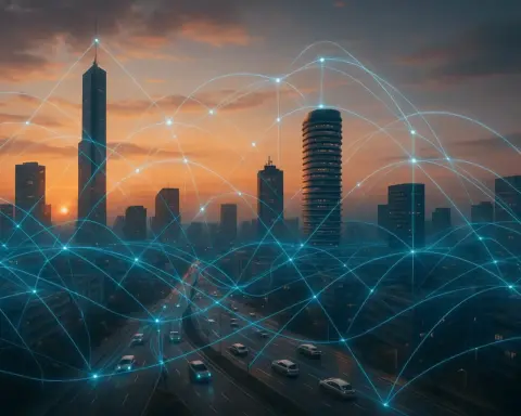 Vista panorámica de una ciudad inteligente al atardecer, con redes de luz azul que conectan edificios y vehículos, representando la unión del 5G y el Internet de las Cosas (IoT).