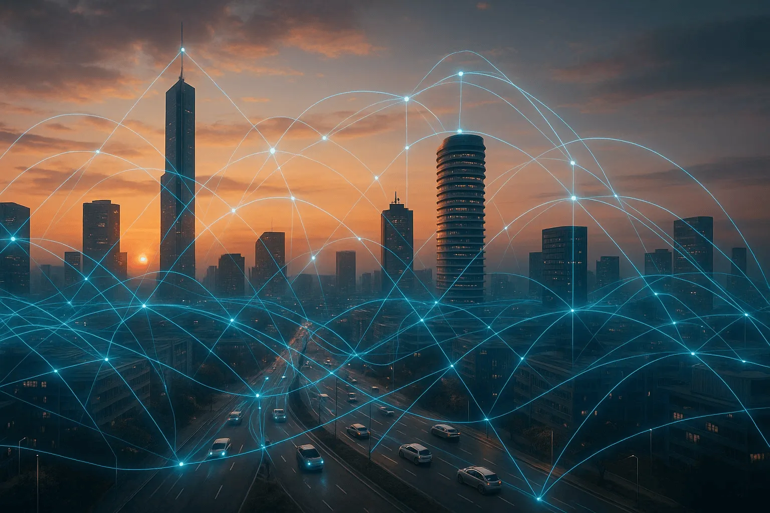 Vista panorámica de una ciudad inteligente al atardecer, con redes de luz azul que conectan edificios y vehículos, representando la unión del 5G y el Internet de las Cosas (IoT).
