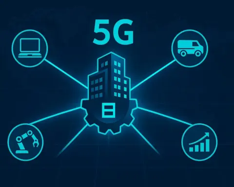 Ilustración conceptual de un negocio conectado mediante haces de luz 5G a iconos que representan la oficina móvil, la logística y la industria 4.0, simbolizando la modernización y eficiencia empresarial.