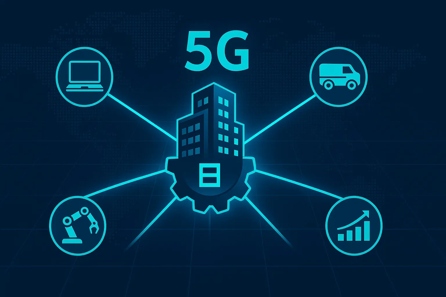 Ilustración conceptual de un negocio conectado mediante haces de luz 5G a iconos que representan la oficina móvil, la logística y la industria 4.0, simbolizando la modernización y eficiencia empresarial.