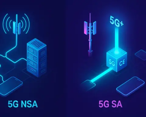 Ilustración comparativa del 5G NSA, con un flujo de datos indirecto a través de un núcleo 4G, frente al 5G SA (5G+), con un flujo directo y potente a un núcleo 5G nativo.