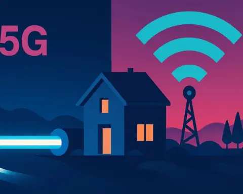 Ilustración que compara la fibra óptica, representada como un haz de luz directo a una casa, con el 5G, mostrado como ondas inalámbricas expansivas desde una antena.