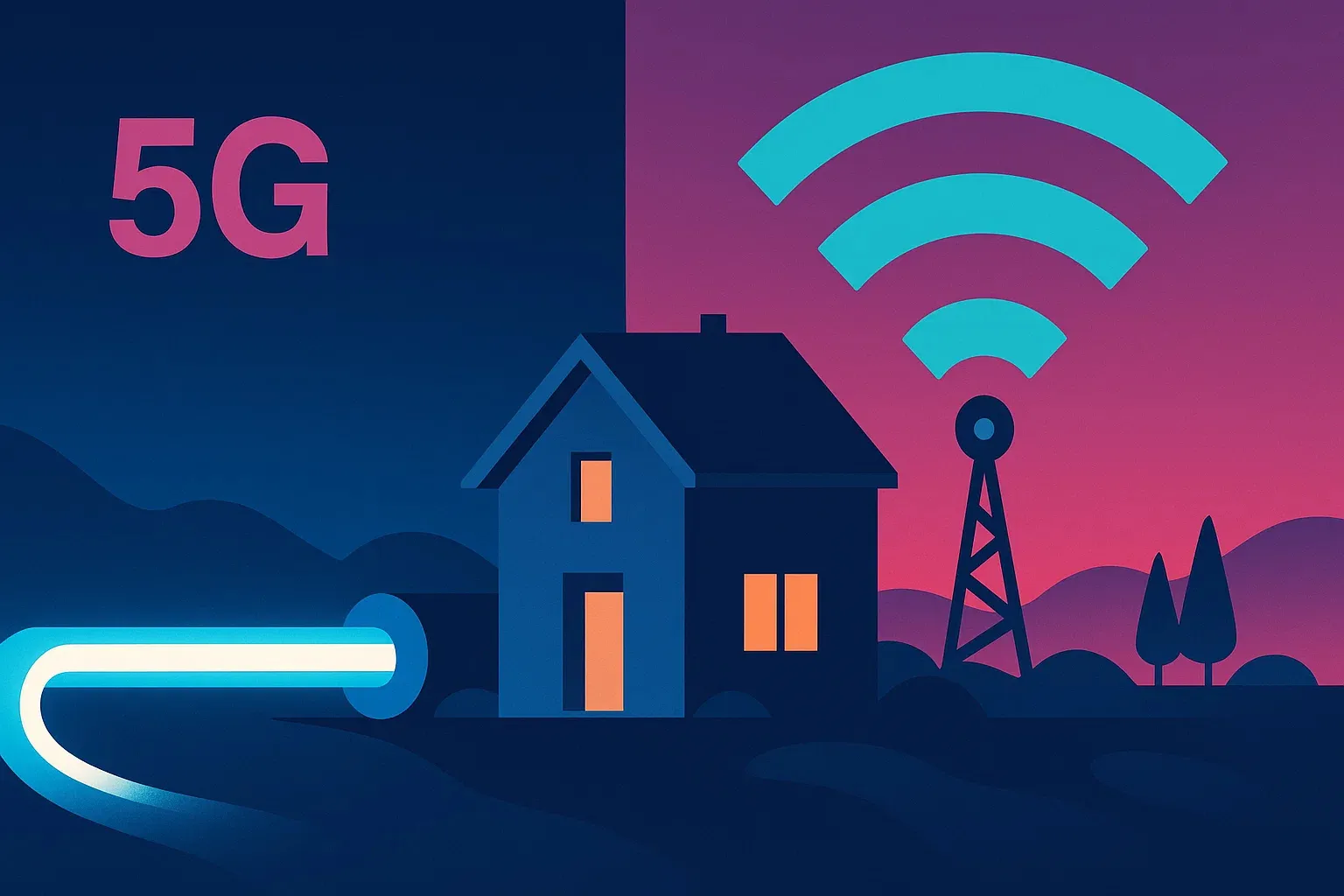 Ilustración que compara la fibra óptica, representada como un haz de luz directo a una casa, con el 5G, mostrado como ondas inalámbricas expansivas desde una antena.