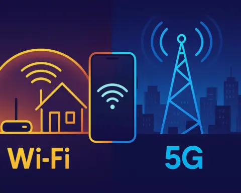 Ilustración que compara el WiFi, mostrado como una red local dentro de una casa, con el 5G, representado como una red móvil expansiva en una ciudad, y un móvil que transita entre ambas.