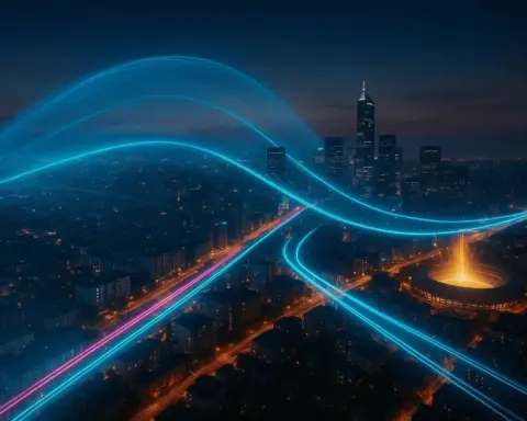 Visualización de las bandas 5G sobre una ciudad: una onda azul amplia para cobertura, haces de luz cian para velocidad y ráfagas doradas para zonas de alta densidad.