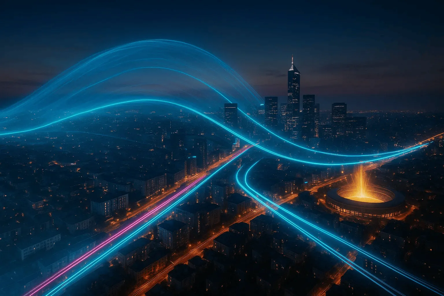 Visualización de las bandas 5G sobre una ciudad: una onda azul amplia para cobertura, haces de luz cian para velocidad y ráfagas doradas para zonas de alta densidad.