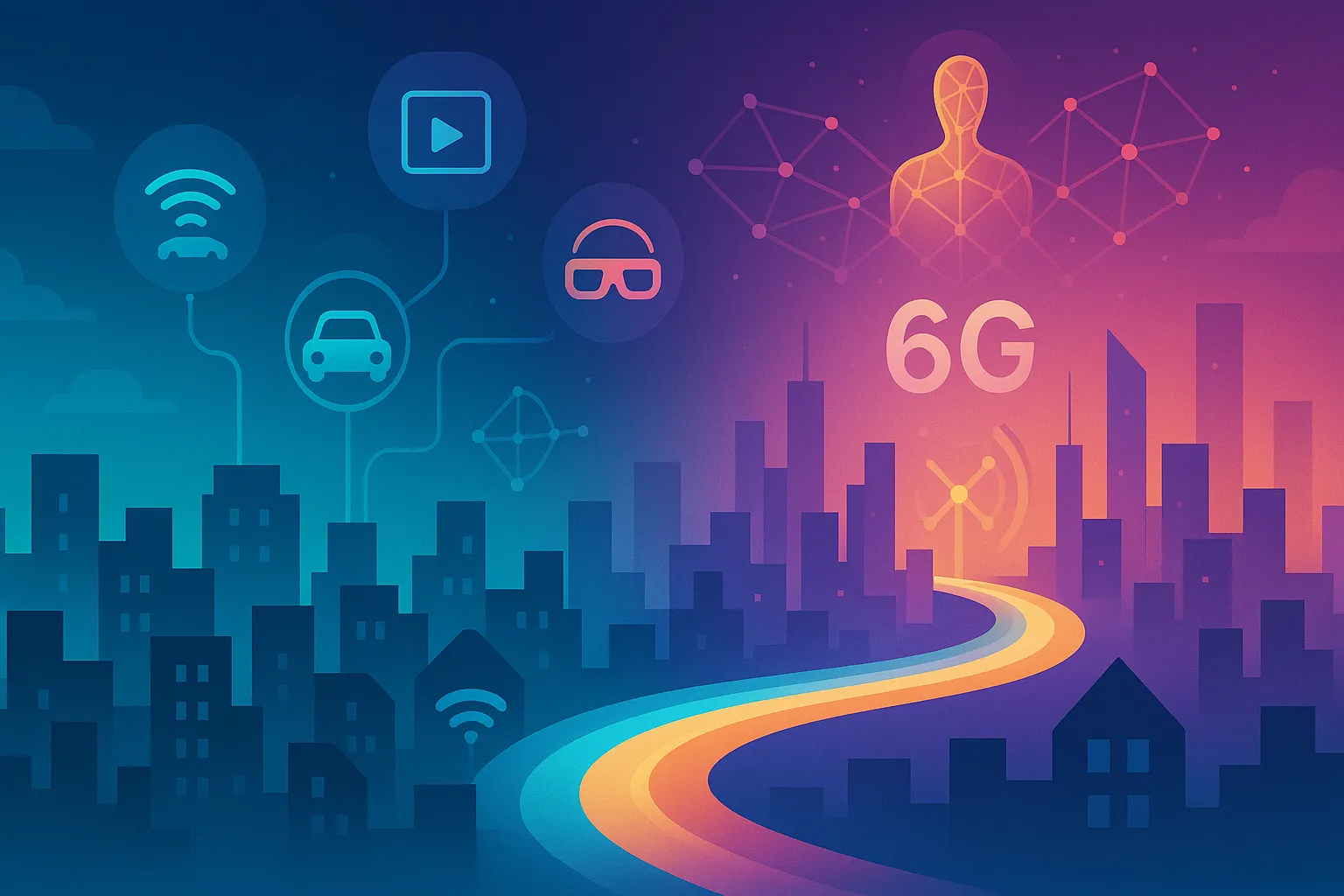 Ilustración conceptual que muestra la evolución de la conectividad hacia las redes 6G.