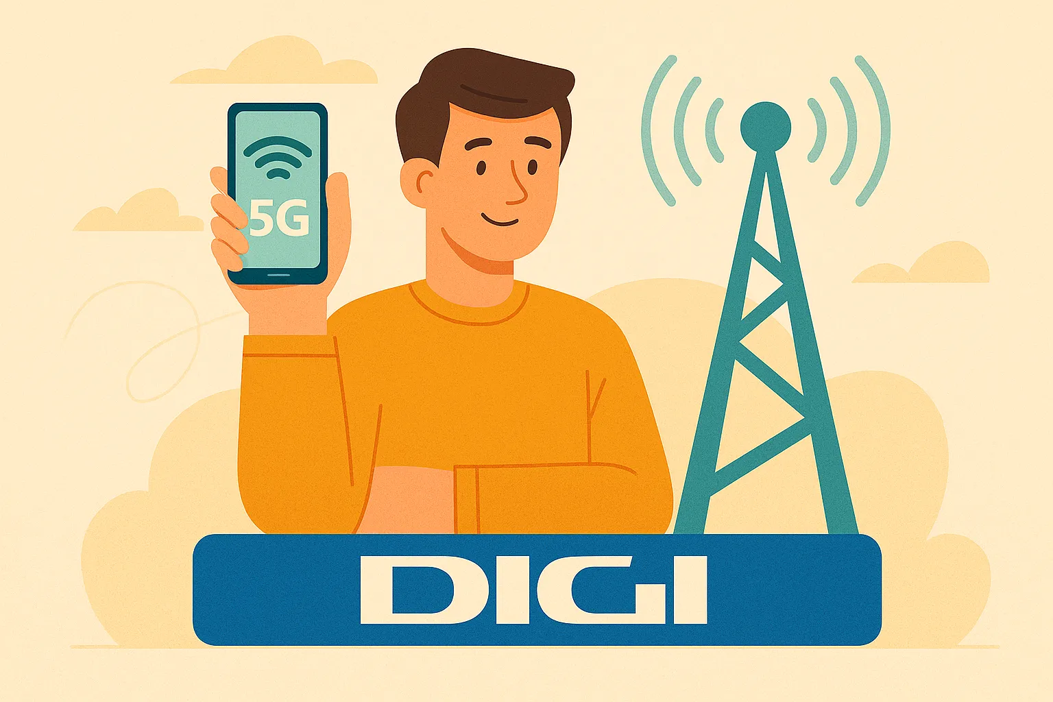 Joven con móvil 5G y logo DIGI junto a torre de señal, estilo flat y fondo beige con nubes.