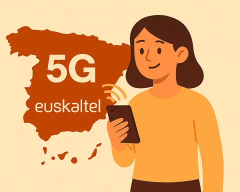 Mujer utilizando su móvil con el mapa de España en rojo mostrando cobertura 5G y el logo blanco de Euskaltel.