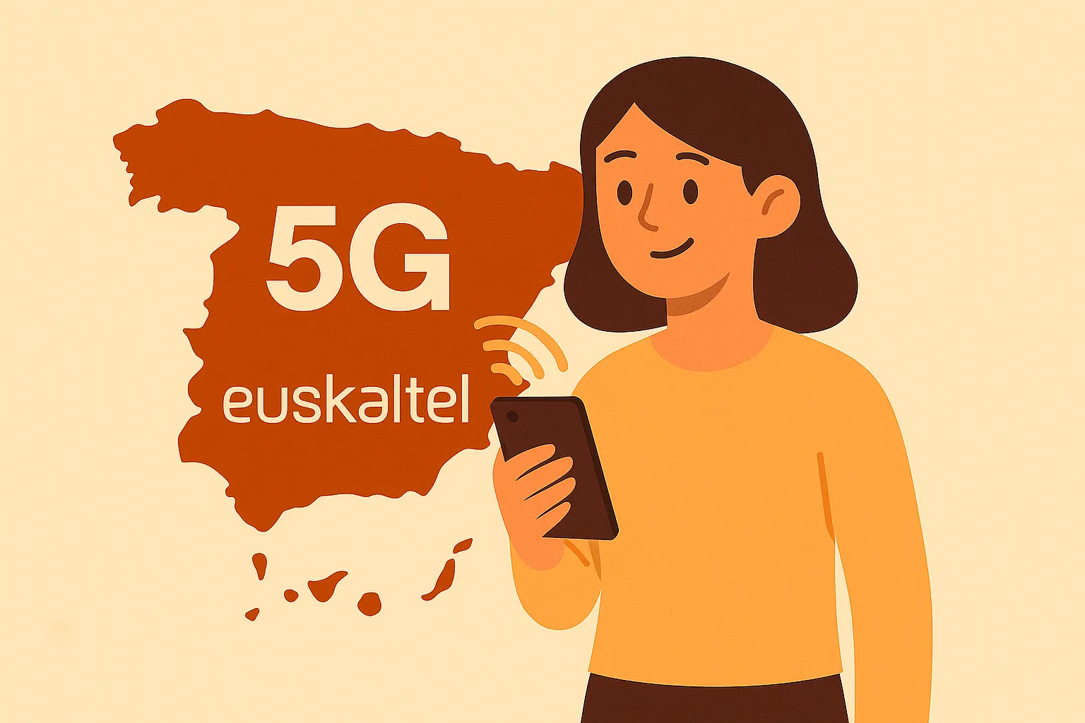 Mujer utilizando su móvil con el mapa de España en rojo mostrando cobertura 5G y el logo blanco de Euskaltel.
