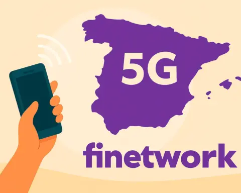 Mano con móvil emitiendo señal 5G frente a mapa morado de España y logo de Finetwork.