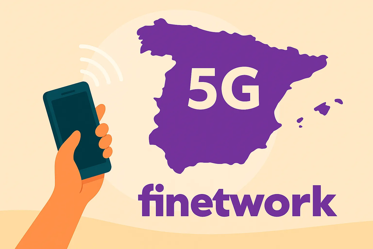 Mano con móvil emitiendo señal 5G frente a mapa morado de España y logo de Finetwork.