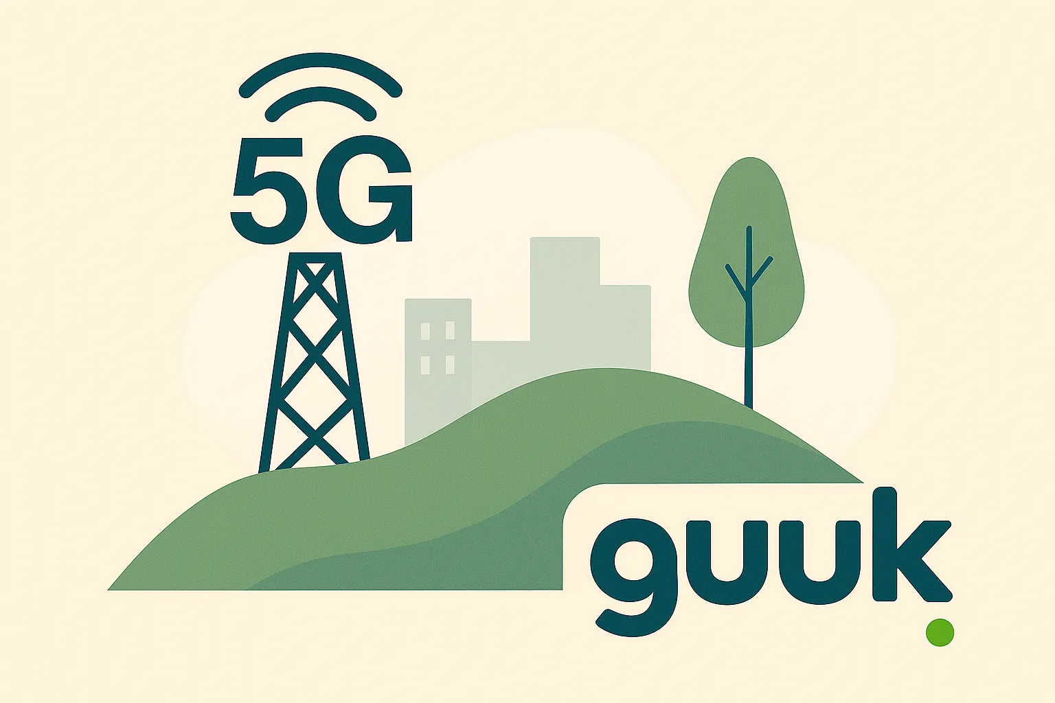 Antena 5G sobre colinas verdes con edificios al fondo y el logo original de Guuk en la esquina inferior derecha.