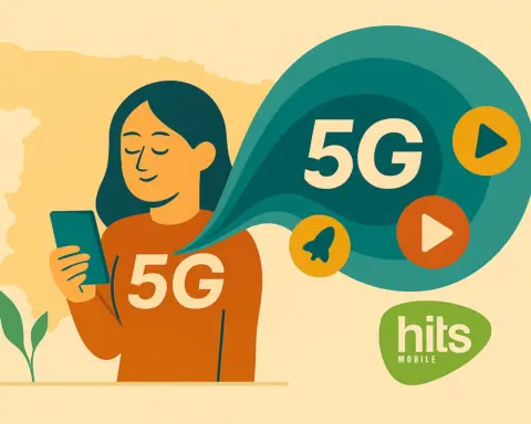 Una mujer con expresión confiada navega por internet con su smartphone gracias a la tarifa con 5G que ha contratado en Hits Mobile.