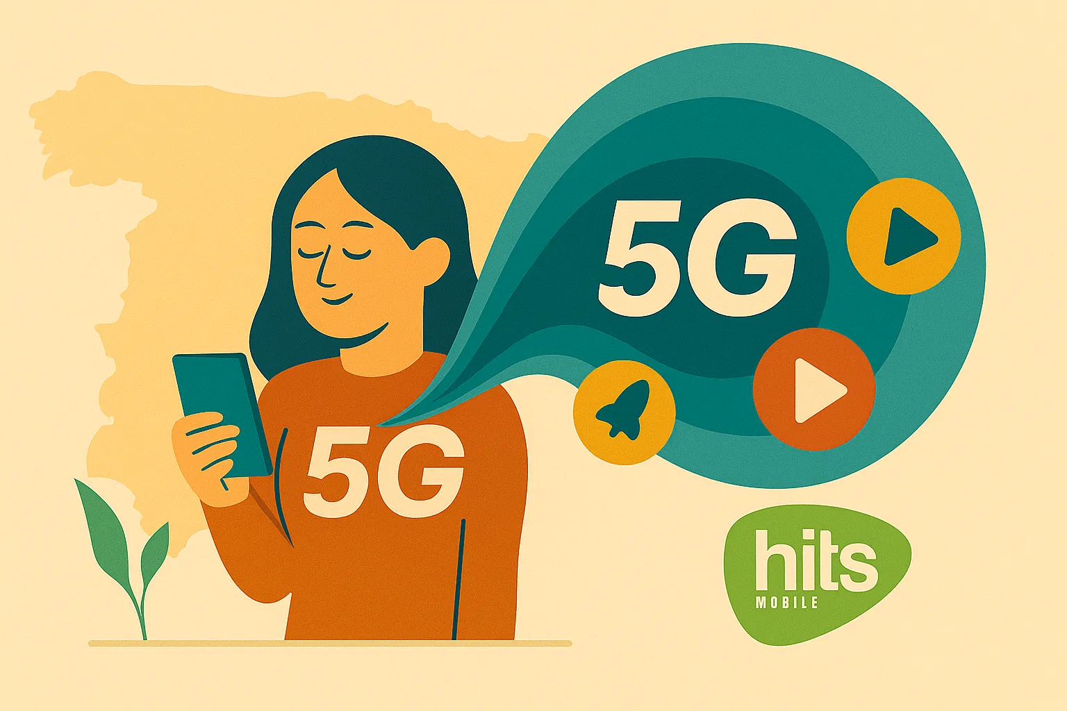 Una mujer con expresión confiada navega por internet con su smartphone gracias a la tarifa con 5G que ha contratado en Hits Mobile.