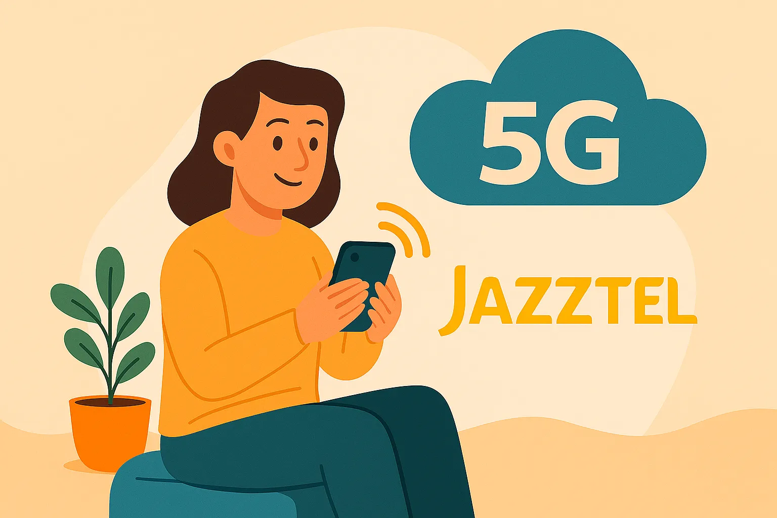 Mujer sentada usando el móvil con una nube que indica 5G y el logo amarillo de Jazztel al lado.