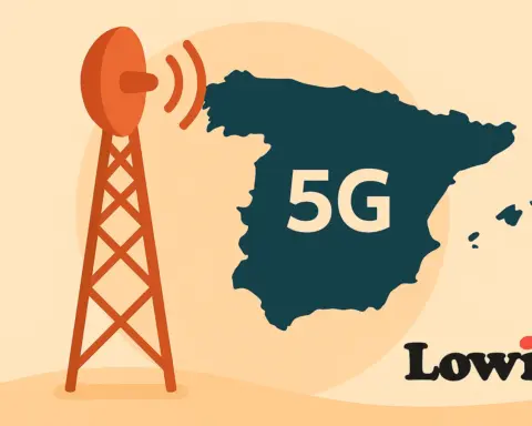 Cobertura 5G de Lowi en España representada con mapa y torre naranja en estilo flat design