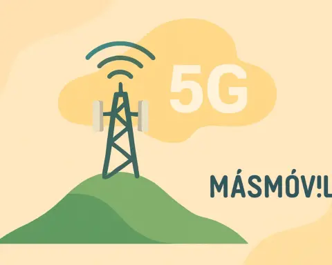 Cobertura 5G de MásMóvil representada con antena sobre colina en fondo cálido y minimalista