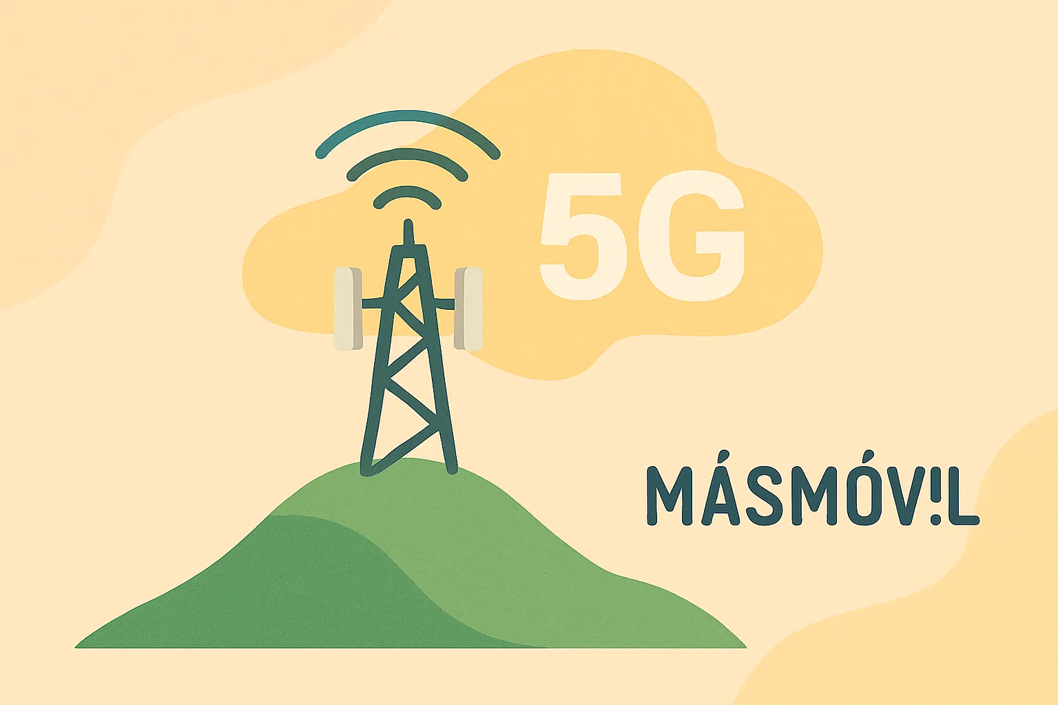 Cobertura 5G de MásMóvil representada con antena sobre colina en fondo cálido y minimalista