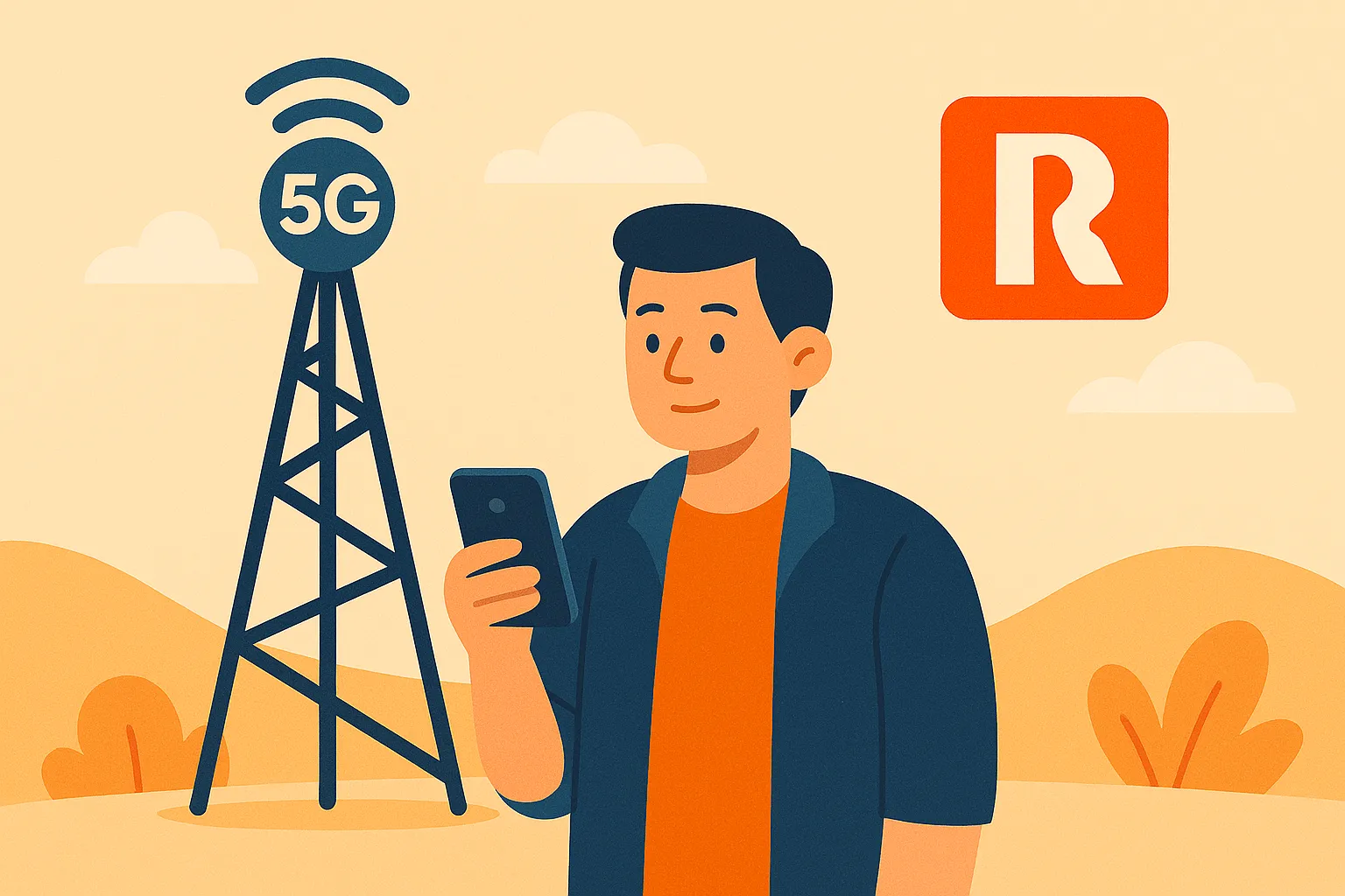 Joven consultando el móvil junto a una torre 5G en un paisaje cálido, con el logo cuadrado rojo de Mundo R arriba.